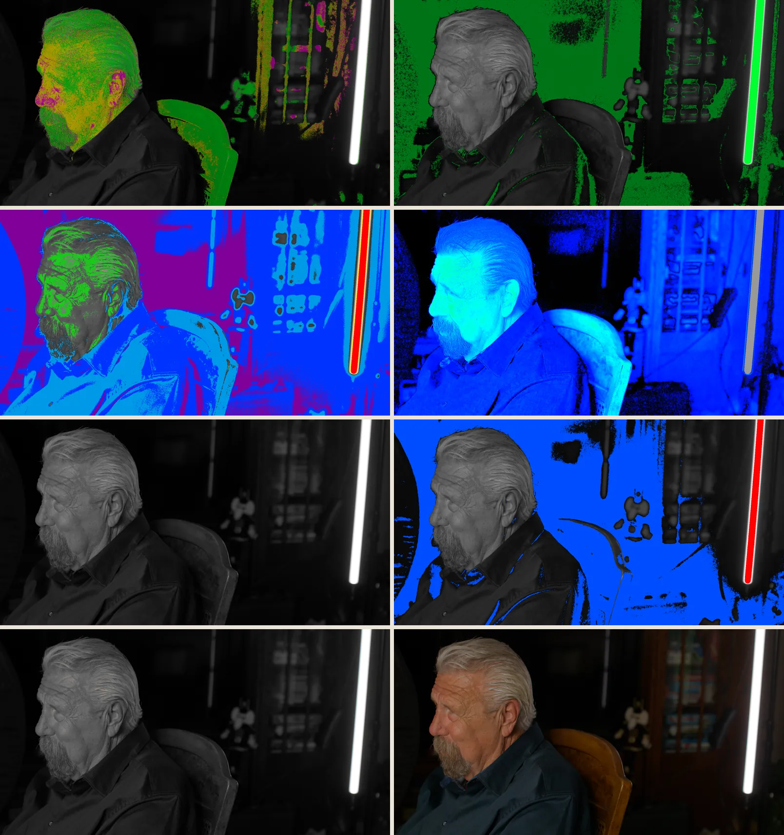 One portrait beside an LED tube, shown in all eight M3 Balance modes, two per row.